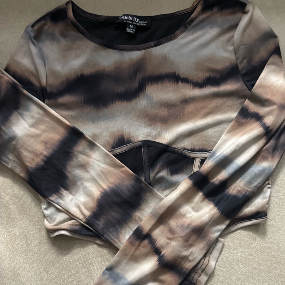 Celebrity Pink Tie-Dye Long Sleeve Crop Top - Black and Brown